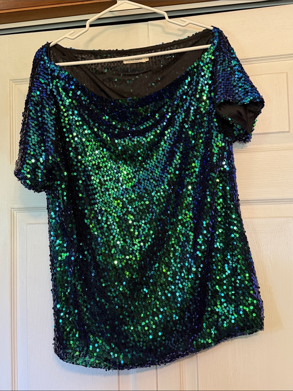 Sequin Short Sleeve Top in Blue-Green - Women